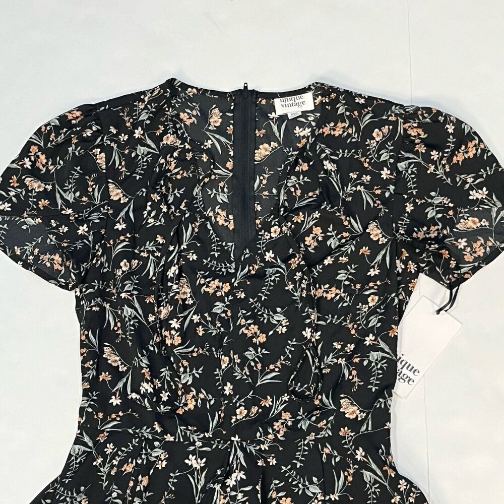 Unique Vintage Black Floral Open Front Tie Fit And Flare Dress Women Size XS/2 - Picture 3 of 14
